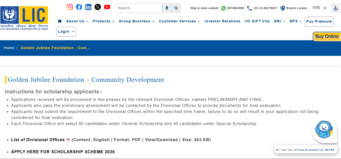 LIC Golden Jubilee Scholarship Scheme 2026